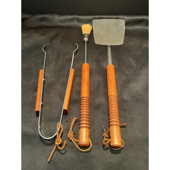 NEW NWOT 3 Piece Vintage Stainless Steel Wood BBQ Grill Tools Set Made in USA - Picture 1 of 16